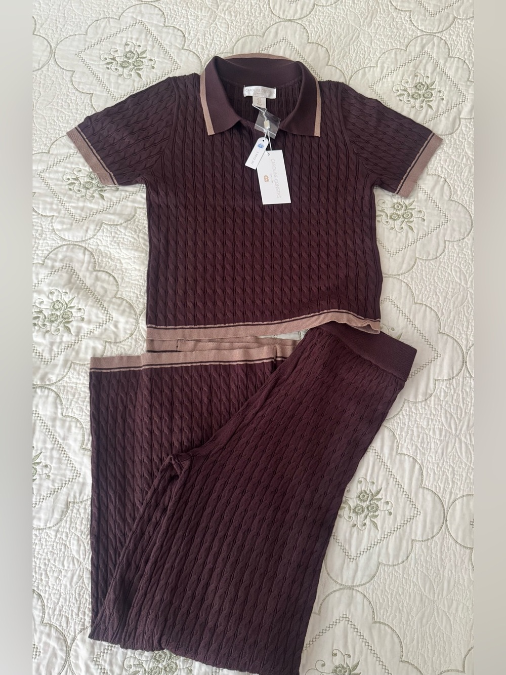 Caroline Constas Cable-Knit Polo Jumpsuit Set in Deep dark brown with Taupe Tri